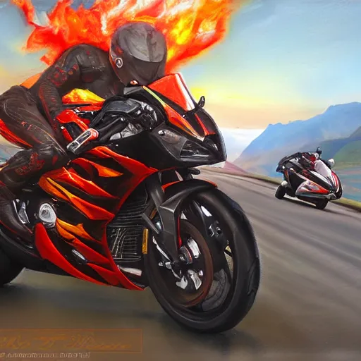 Prompt: new aesthetic and fast motorcycle. Flaming roads. photo realistic. high details. race. hyper realistic. oil painting