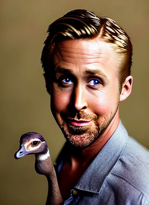 Image similar to ryan gosling fused with a goose, natural light, bloom, detailed face, magazine, press, photo, steve mccurry, david lazar, canon, nikon, focus