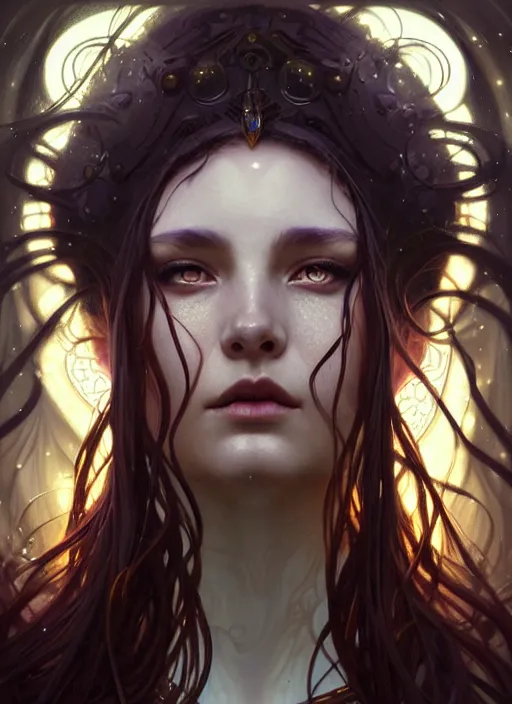 Image similar to a beautiful cinematic female druid goddess, galatic shamen with Quantum energy fantasy, fantasy magic, undercut hairstyle, dark light night, intricate, elegant, sharp focus, illustration, highly detailed, digital painting, concept art, matte, art by WLOP and Artgerm and Greg Rutkowski and Alphonse Mucha, masterpiece