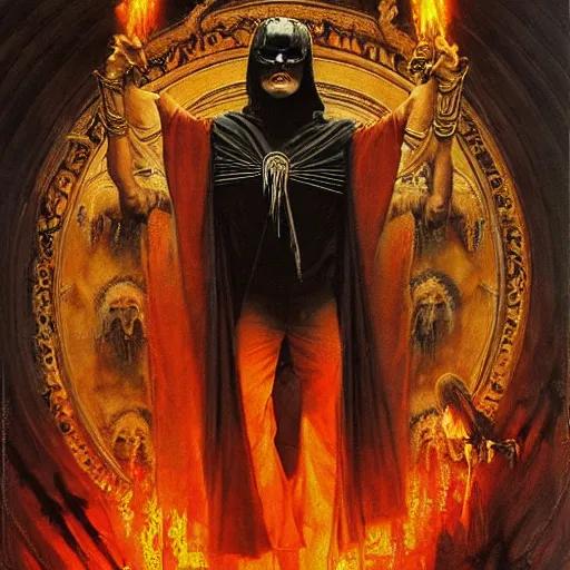 Image similar to dante's inferno, with people in black hooded tunic like in the film eyes wide shut of stanley kubrick, illuminati symbol, crows, skeletons, crosses, dark beauty, rotten gold, perfect faces, extremely detailed. highly detailed painting by gaston bussiere, craig mullins j. c. leyendecker 8 k