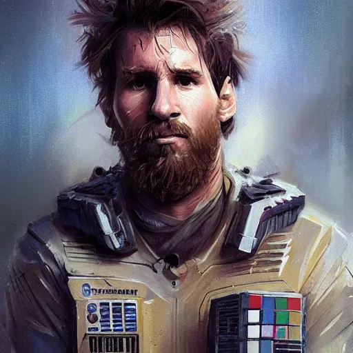 Prompt: portrait of lionel messi by greg rutkowski, mech suit, messy blond hair, beard, tall and muscular, star wars expanded universe, he is about 3 0 years old, wearing a flying jacket, distrustful and arrogant, highly detailed portrait, digital painting, artstation, concept art, smooth, sharp foccus ilustration, artstation hq