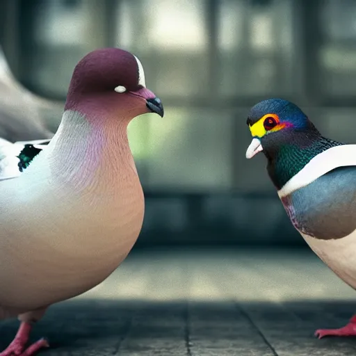 Image similar to a pigeon vs a kid kung fu style in a dojo for a piece of bread, facing each other, stand off, muscled pigeon like the rock, best photo award, high quality 8 k, cinematic lighting, cinematic composition, high detail, realism : 9 5 %