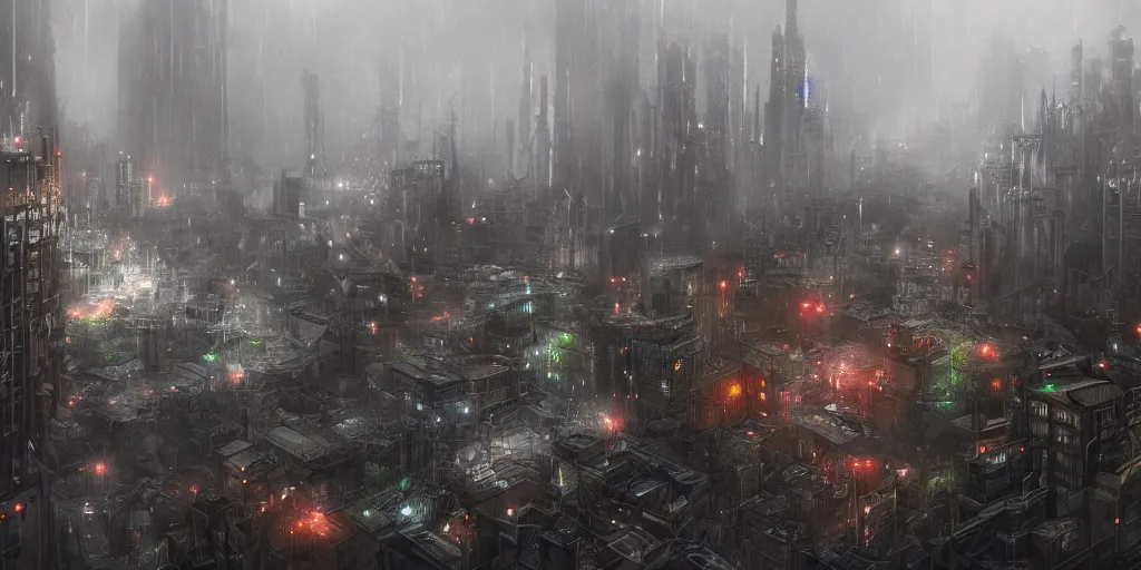 Image similar to a gloomy and rainy underground fantasy city, viewed from a distance, 4 k digital art, trending on artstation, high quality,