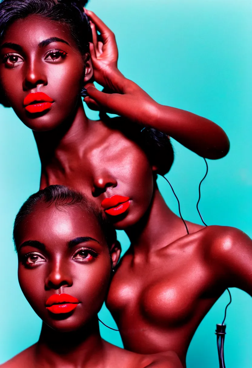 Prompt: medium shot, photograph of alluring dark skin young woman looking into camera, red lipstick, hundreds of cables and wires extruding from her head, sharp focus,, chromatic abberations, as fashion editorial 90s, kodak ektachrome