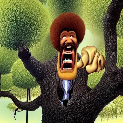Image similar to bob ross screaming stuck in a tree
