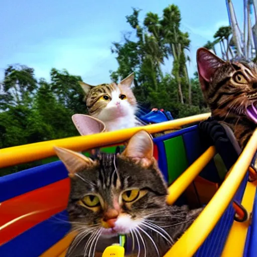 Prompt: selfie of an excited cat riding a roller - coaster