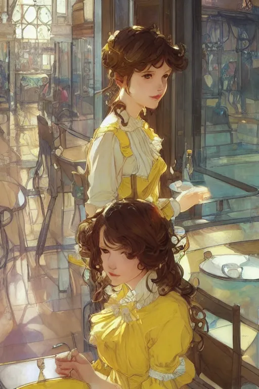 Image similar to A girl in a maid's outfit in a cafe a afternoon, wavy hair yellow theme,S line,45 angel by krenz cushart and mucha and greg rutkowski