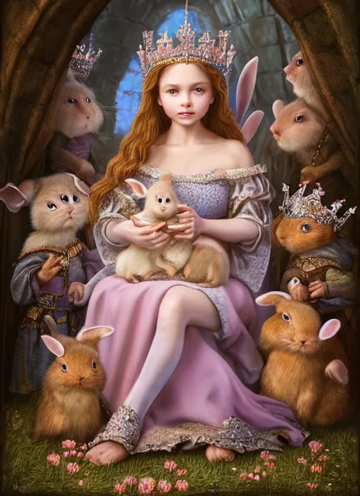 Image similar to highly detailed closeup portrait of a fairytale medieval princess wearing a crown and sitting on a throne, surrounded by cute bunnies, unreal engine, nicoletta ceccoli, mark ryden, earl norem, lostfish, global illumination, god rays, detailed and intricate environment