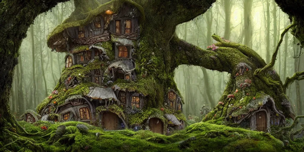 Image similar to a photorealistic cg render of huge old twisted tree with tiny mossy hobbit houses built into it, covered in moss, flowers and mushrooms, hints of peter mohrbacher, georges remi, albert uderzo, super - realistic, insanely intricate and detailed, atmospheric, volumetric lighting, cinematic, 4 k, high definition