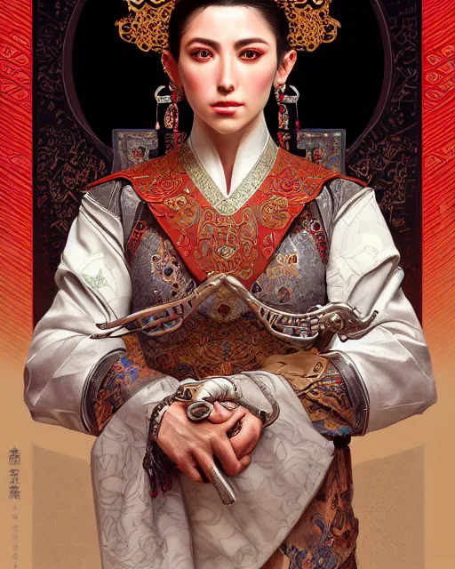 Image similar to portrait of a turkish masculine female sash grey cyberpunk machine, machine face, full body portrait, decorated with ottoman opera motifs, muscular, asian, fine china, wuxia, traditional chinese art, intricate intense elegant, highly detailed symmetry headpiece digital painting artstation concept art smooth sharp focus illustration, art by artgerm and greg rutkowski alphonse mucha 8 k