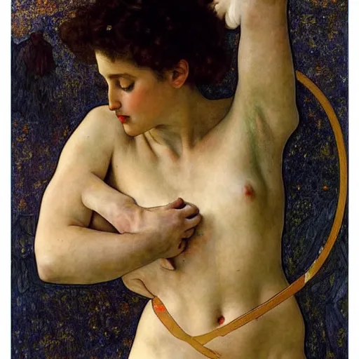 Prompt: stairway to heaven, dynamic contrapposto, william - adolphe bouguereau, egon schiele, gustav klimt, alphonse mucha