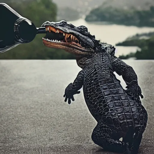 Prompt: alligator in a suit drinking a fancy wine