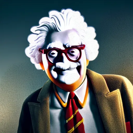 Image similar to Ronald McDonald and Colonel Sanders morphed into one person, hybrid, natural volumetric lighting, sunset, rusted steel, stunning skies, scattered rubbish and debris, 8k, photorealistic, hyper detailed, unreal engine 5, IMAX quality, cinematic quality, beautifully illustrated, sharp focus, minimal artifacts, from DOOM, by Greg Rutkowski, trending on Artstation, award winning