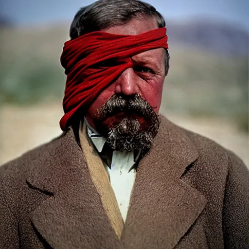 Prompt: portrait of president teddy roosevelt as afghan man, green eyes and red scarf looking intently, photograph by steve mccurry