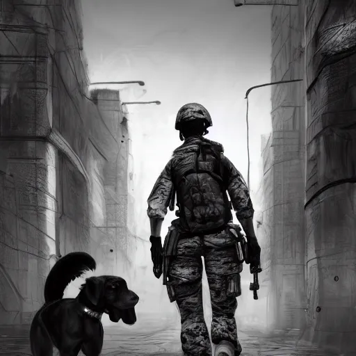 Prompt: black and white female soldier with sniffer dog exploring urban environment, concept art trending on art station 4k award-winning unreal engine