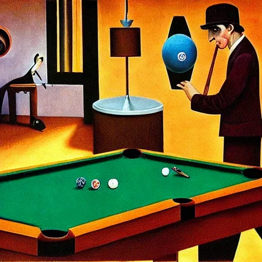 Prompt: the joker playing pool by tooker, george, surrealism, magical realism, scene