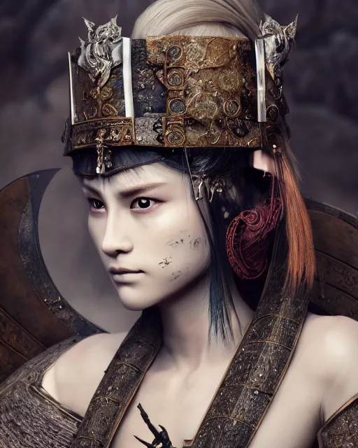 Image similar to fashion editorial of beauty charming woman as a warrior godly princess in feudal japan, clear makeup, clean hair, dry skin, clear skin, airbrushed, bright eye makeup, femine warrior body, photo by mario testino, 8k octane render, cinematic, hyper detailed, micro details, insanely detailed, trending on artstation, concept art, Peter Paul Rubens and Peter Mohrbacher style