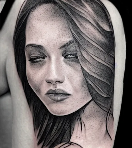 Image similar to creative blend of a hyper realistic mountain scenery with a beautiful woman face, tattoo design sketch, in the style of matteo pasqualin, hyper - realistic, amazing detail, black and white