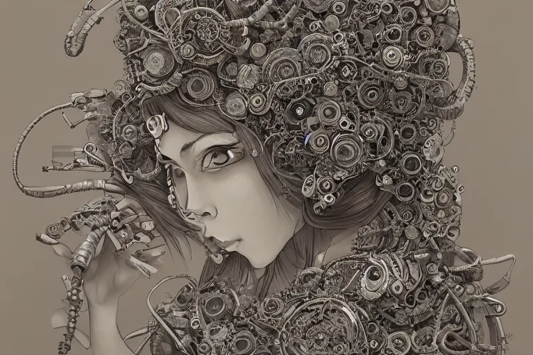 Image similar to beautifully stunning stonepunk woman_integrating_with_technology_full_face_insipiring_detailed_intricate_ornate_cables_connected_to_head_big_open_electric_eyes_ the_singulairty is now by Hironaka, Harumi