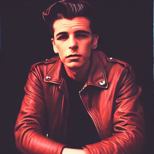 Image similar to 1 9 5 0 s greaser male wearing black leather jacket sitting on a dark throne, red film grain filter, highly detailed, realistic, chromatic aberration, sharp black shadows