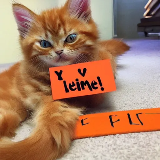 Image similar to cute fluffy orange tabby kitten with a sign that says