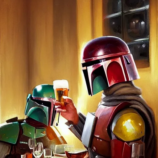 Prompt: (Boba Fett) and a beautiful young blonde drinking beer in a wine cellar, food, meat, schnapps, torches on the wall, romantic, inviting, cozy, painting by Vladimir Volegov