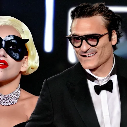 Image similar to mimmo rottela as joaquin phoenix skinny joker holding hand lady gaga harley queen