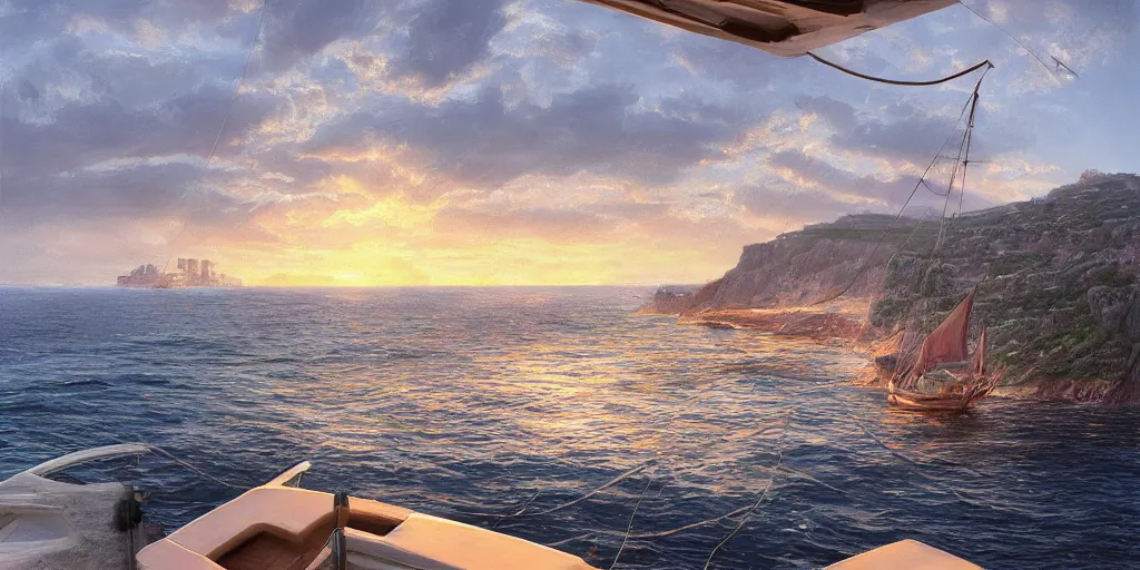 Image similar to looking out a boat window on the water, low angle from water pov, wide angle, sunset, a mediterranean phoenician fishing village in the distance, over a chalk cliff, highly detailed, digital painting, artstation, concept art, sharp focus, illustration, art by artgerm and greg rutkowski and raphael lacoste and magali villeneuve