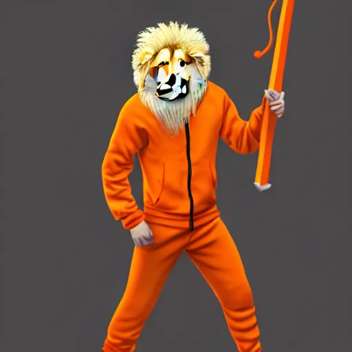 Prompt: commission of a fit male anthro albino lion holding a sword wearing an orange tracksuit,SFW,artstation,deviantart, science fiction industrial hard science concept art, 8K render octane high definition cgsociety