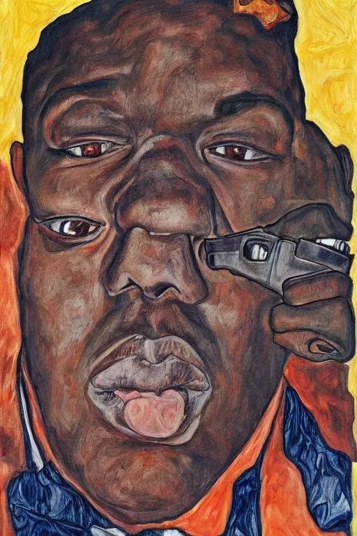 Prompt: a portrait of biggie smalls pointing a gun in style of egon schiele, masterpiece, hyperdetailed, complex, intricate, 4 k, trending on artstation