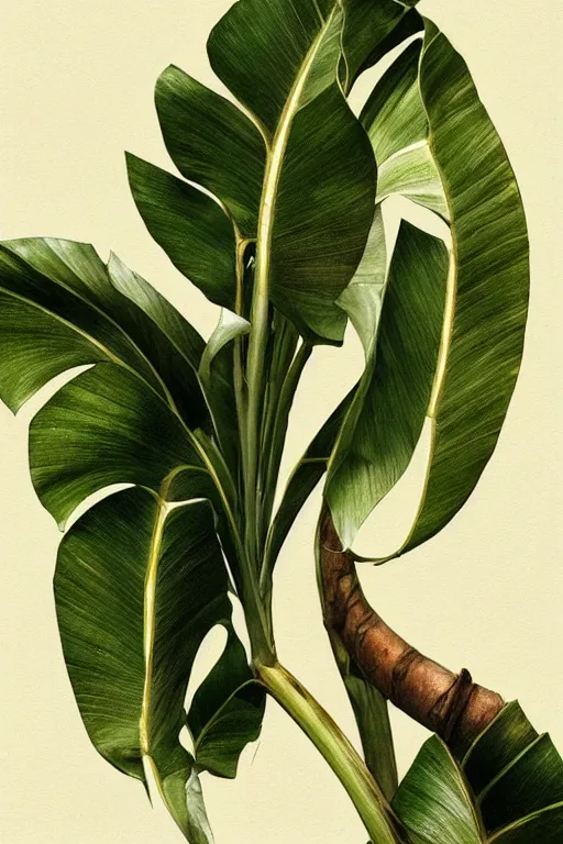 Image similar to ultra realistic illustration, singular, banana plant drawing isolated and closeup, background is white and blank, elegant, highly detailed, digital painting, concept art, smooth, sharp focus, illustration, art by greg rutkowski and alphonse mucha