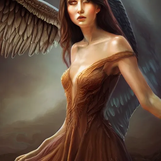 Image similar to perfectly - centered - portrait - photograph of fallen angel wearing a dress, the perfect human female specimen, intricate, elegant, super highly detailed, professional digital painting, artstation, concept art, smooth, sharp focus, no blur, no dof, extreme illustration, unreal engine 5, 8 k, by anne stokes