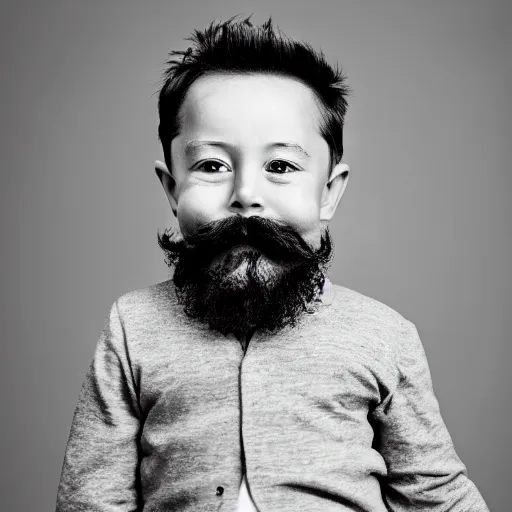 Prompt: toddler elon musk with long mustache and epic beard, 5 0 mm, studio lighting