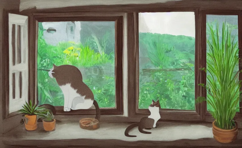 Prompt: sleeping cat on window, inside house in village, plants, divisionism style