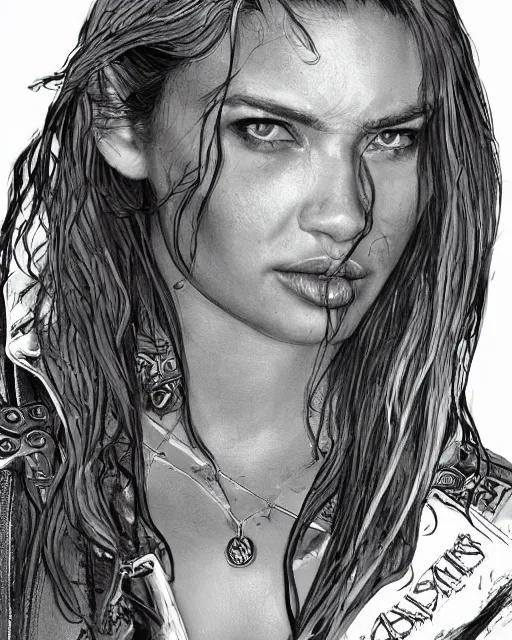 Image similar to Adriana Lima in sons of anarchy tv show, wearing jacket, D&D style , highly detailed, digital art, trending on artstation, smooth, sharp focus, illustration, art by artgem and ROBERT HYNES