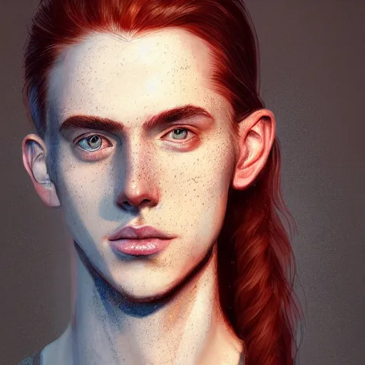 Image similar to portrait of a thin young man with long red hair, ponytail, a lot of freckles on his face, intricate, elegant, glowing lights, highly detailed, digital painting, artstation, concept art, smooth, sharp focus, illustration