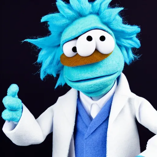 Image similar to rick sanchez as a muppet with blue hair wearing a white lab coat. highly detailed felt. hyper real photo. 4 k.