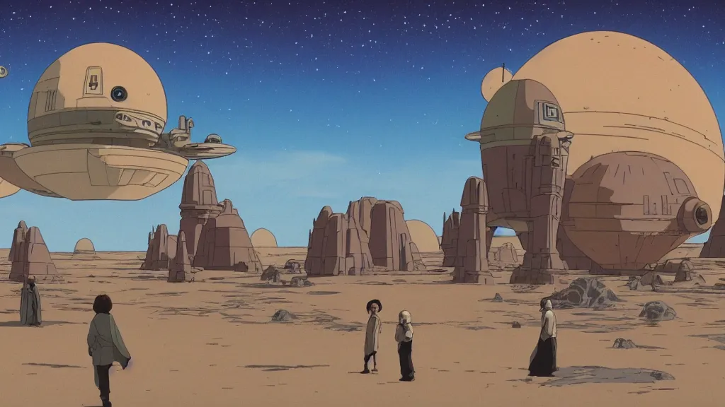 Image similar to wide shot tatooine landscape Star Wars a new hope 1977 studio ghibli Miyazaki animation highly detailed 70mm