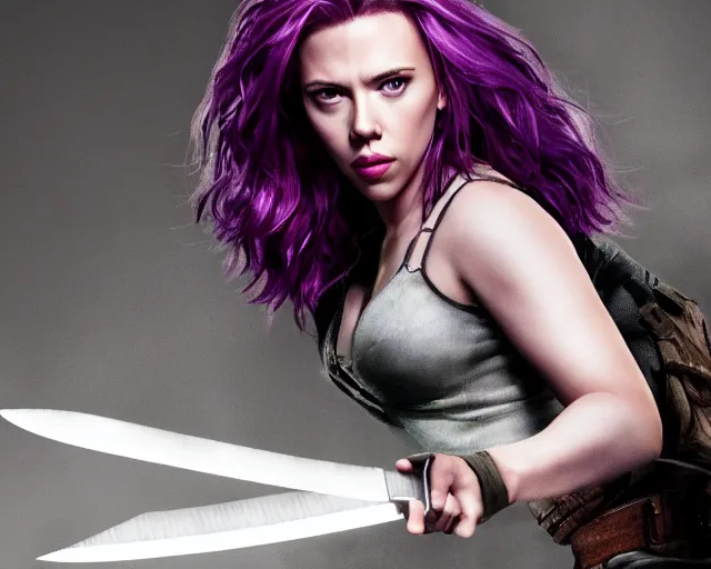 Image similar to Scarlett Johansson in epic knife battle pose, cinematic, 4k, hyper realistic, super detailed, purple hair