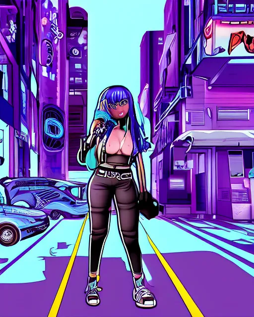 Image similar to cel shaded art of a pretty blue haired girl standing next to a purple lamborghinil, jet grind radio graphics, cyberpunk city street background