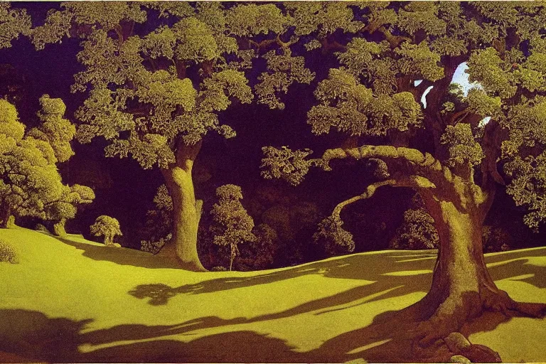 Image similar to masterpiece painting of oak trees on a hillside overlooking a creek, dramatic lighting, by maxfield parrish