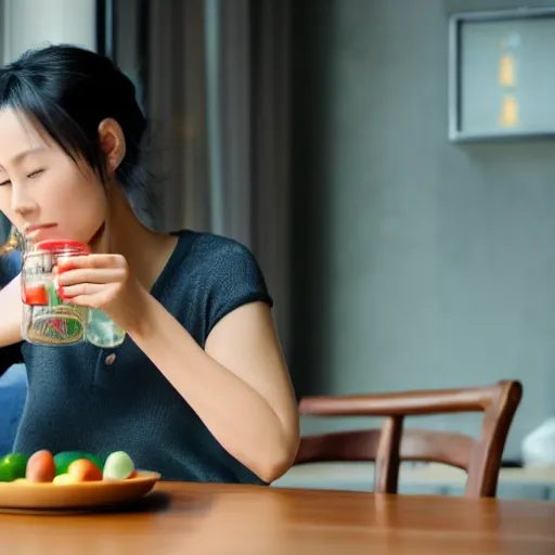 Prompt: chinese woman sitting at a table drinking juice out of a mason jar, award-winning, volumetric lighting, 8k, 4k, highly detailed, cinematic