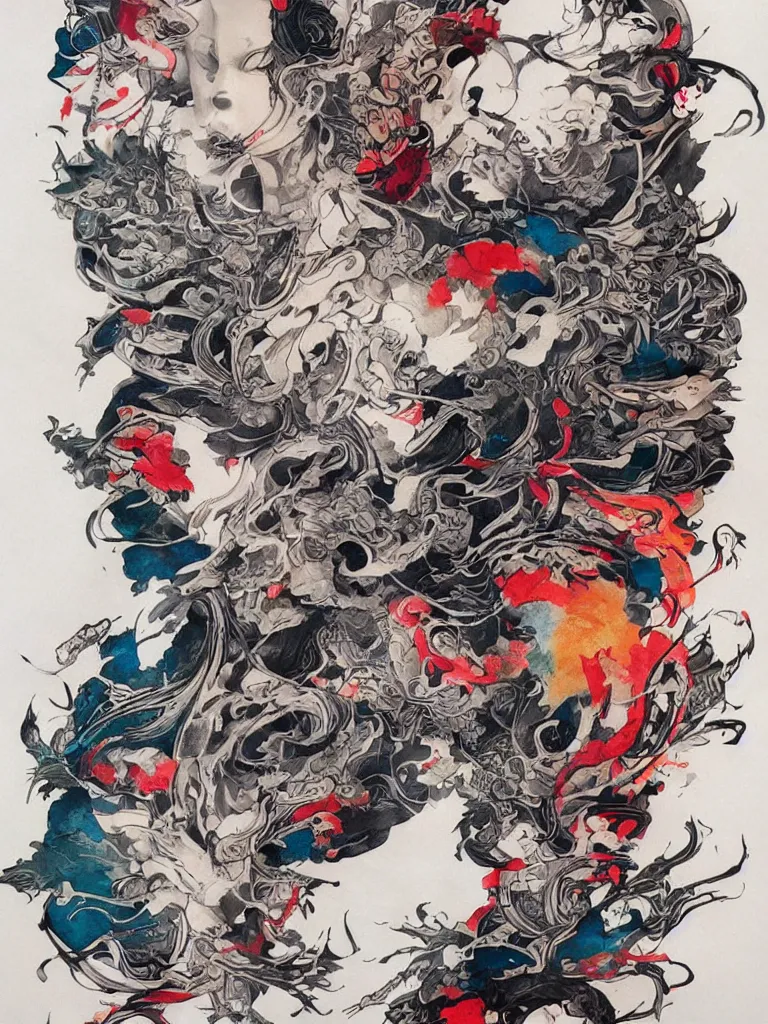 Prompt: Tattoo Sheet Drawings, Abstract, Illustration, Design, Traditional Japanese Tattoo Style colorful, vibrant, art by Ruan Jia , Moebious, Craig Mullin, and Nick Knight