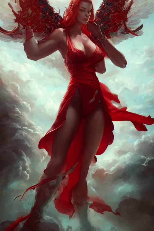 Prompt: beautiful girl warrior in red dress, casting magic spell holding electricity, angel, magic storm and thunder clouds, fantasy, magic the gathering, hyper detailed, 3 d render, hyper realistic detailed portrait, peter mohrbacher, wlop, ruan jia