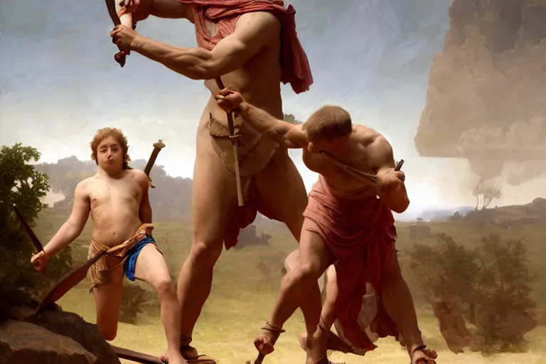 Prompt: ancient historically accurate depiction of the Bible duel bettween the shepherd boy david and Goliath of Gath, the Philistine warrior giant, by frank miller, illustration by Ruan Jia and Mandy Jurgens and William-Adolphe Bouguereau, Artgerm, 4k, digital art, surreal, space dandy style, highly detailed, godsend, artstation, digital painting, concept art, smooth, sharp focus, illustration by Ruan Jia and Mandy Jurgens and William-Adolphe Bouguereau, Artgerm
