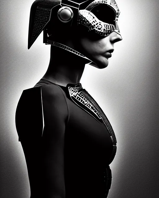 Image similar to a profile portrait, a stunning young woman - cyborg with a mutant crow head, editorial photography, bw, shot on 7 0 mm, depth of field, f / 2. 8, high contrast, 1 6 k, volumetric lighting, shiny, insanely detailed and intricate, hypermaximalist, elegant, ornate, hyper realistic, super detailed