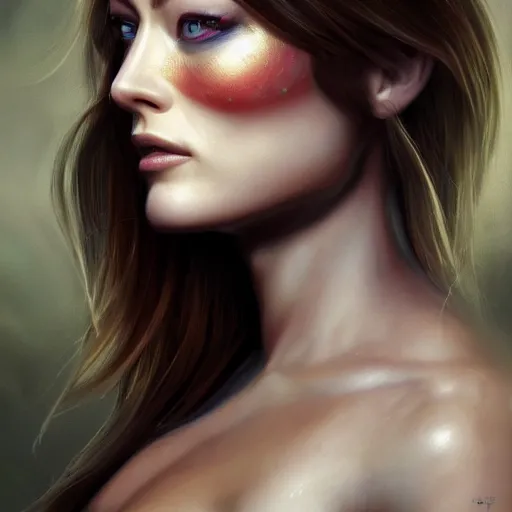 Image similar to Olivia Wilde, portrait, fantasy, medieval, beautiful face, vivid colors, elegant, concept art, sharp focus, digital art, Hyper-realistic, 4K, Unreal Engine, Highly Detailed, HD, Dramatic Lighting by Brom, trending on Artstation