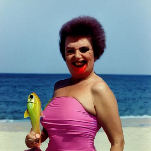 Image similar to 1981 woman on tv show wearing a happy squishy inflatable prosthetic mask, soft color wearing a swimsuit at the beach 1981 color film 16mm holding a an inflatable fish Fellini John Waters Russ Meyer Doris Wishman old photo