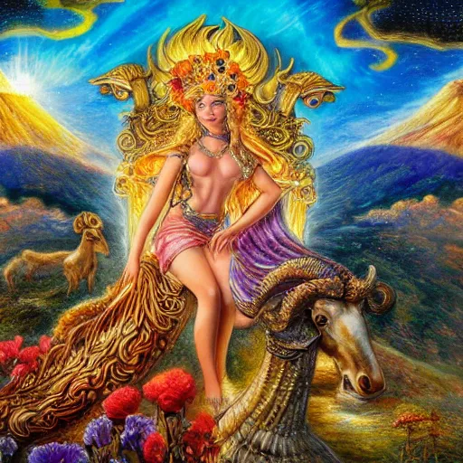 Image similar to goddess by josephine wall, goddess riding ram, flying ram, golden ram, goddess checking her phone, erupting volcano in distance, flowers in foreground, sun setting on right side of image, stars in sky on left side of image, trending on artstation, fantasy, intricately detailed