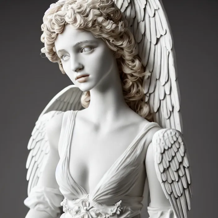 Image similar to photograph of a real-life beautiful female angel with ornate white dress . Extremely detailed. 8k